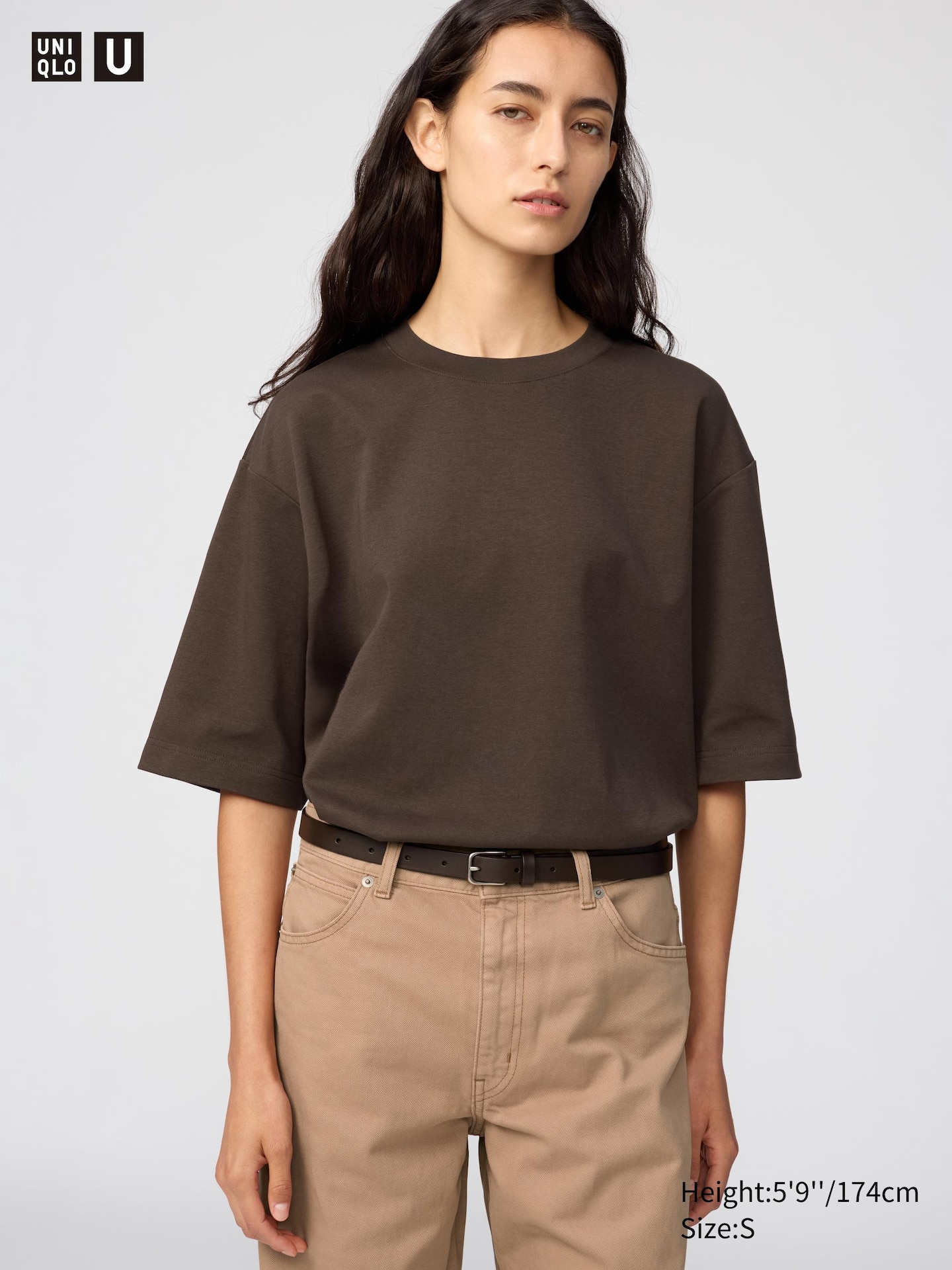 Футболка оверсайз Uniqlo AIRism Cotton с рукавом до локтя, цвет: Чёрный — фото 3