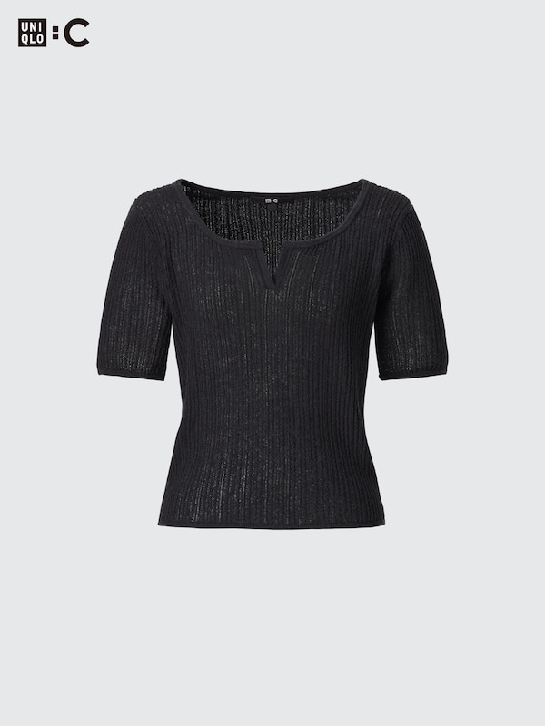 Lace Key Neck Half-Sleeve Short Sweater