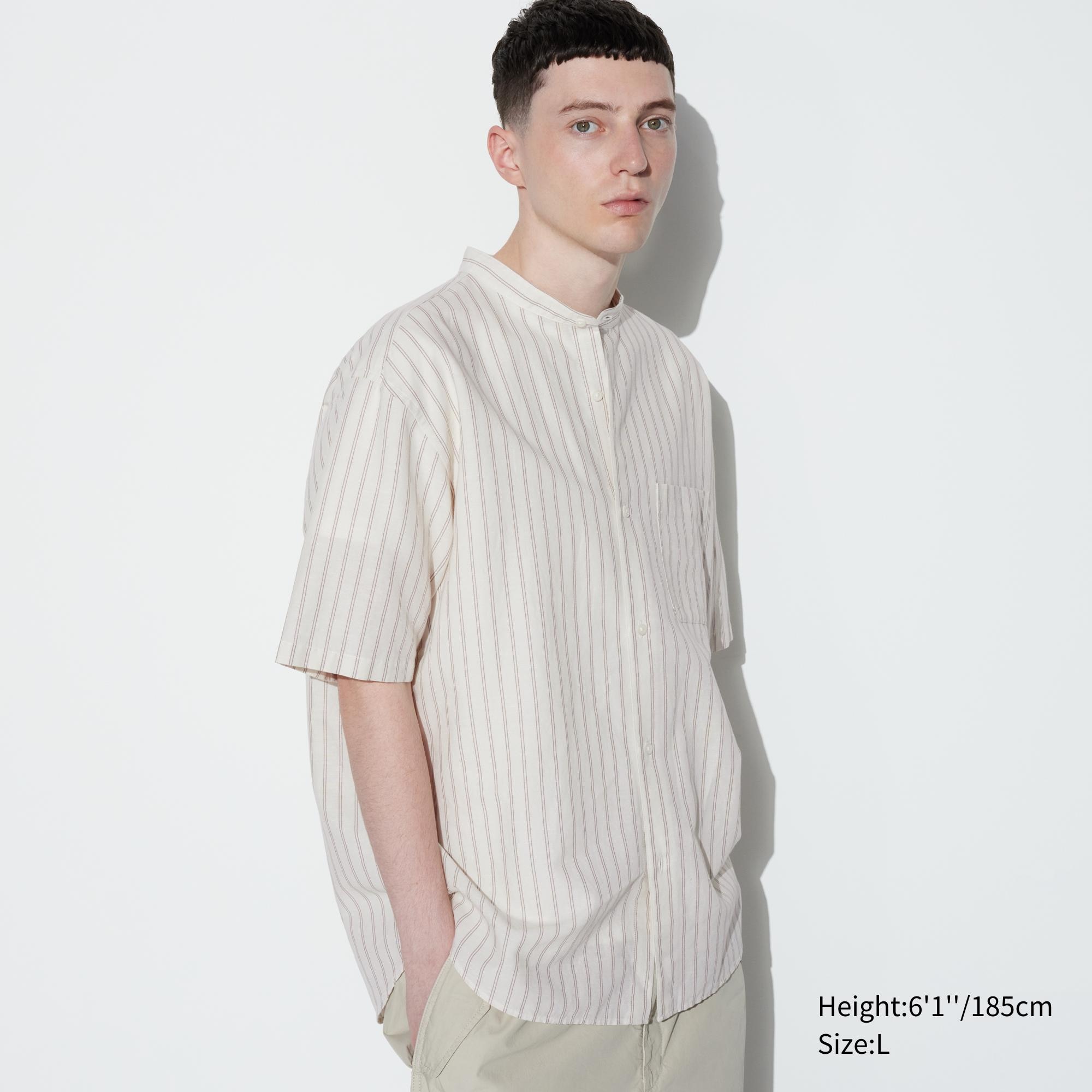 Cotton Linen Stand Collar Striped Short-Sleeve Shirt