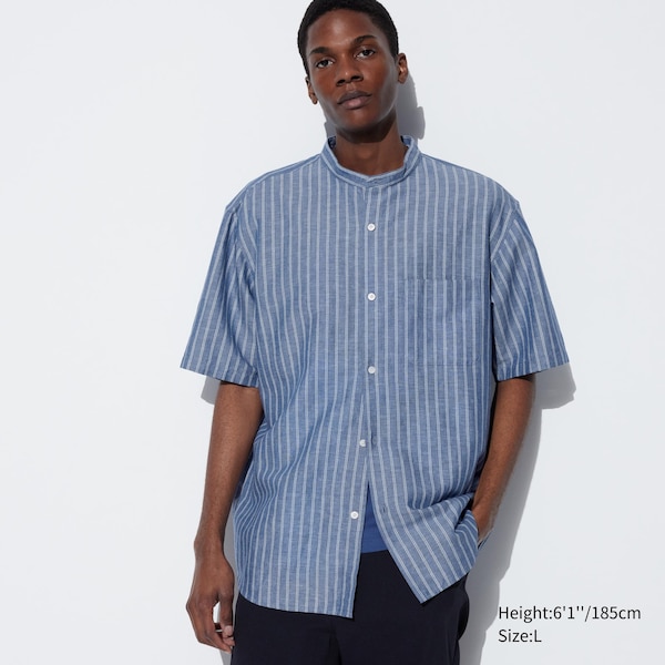 Cotton Linen Stand Collar Striped Short-Sleeve Shirt | UNIQLO US