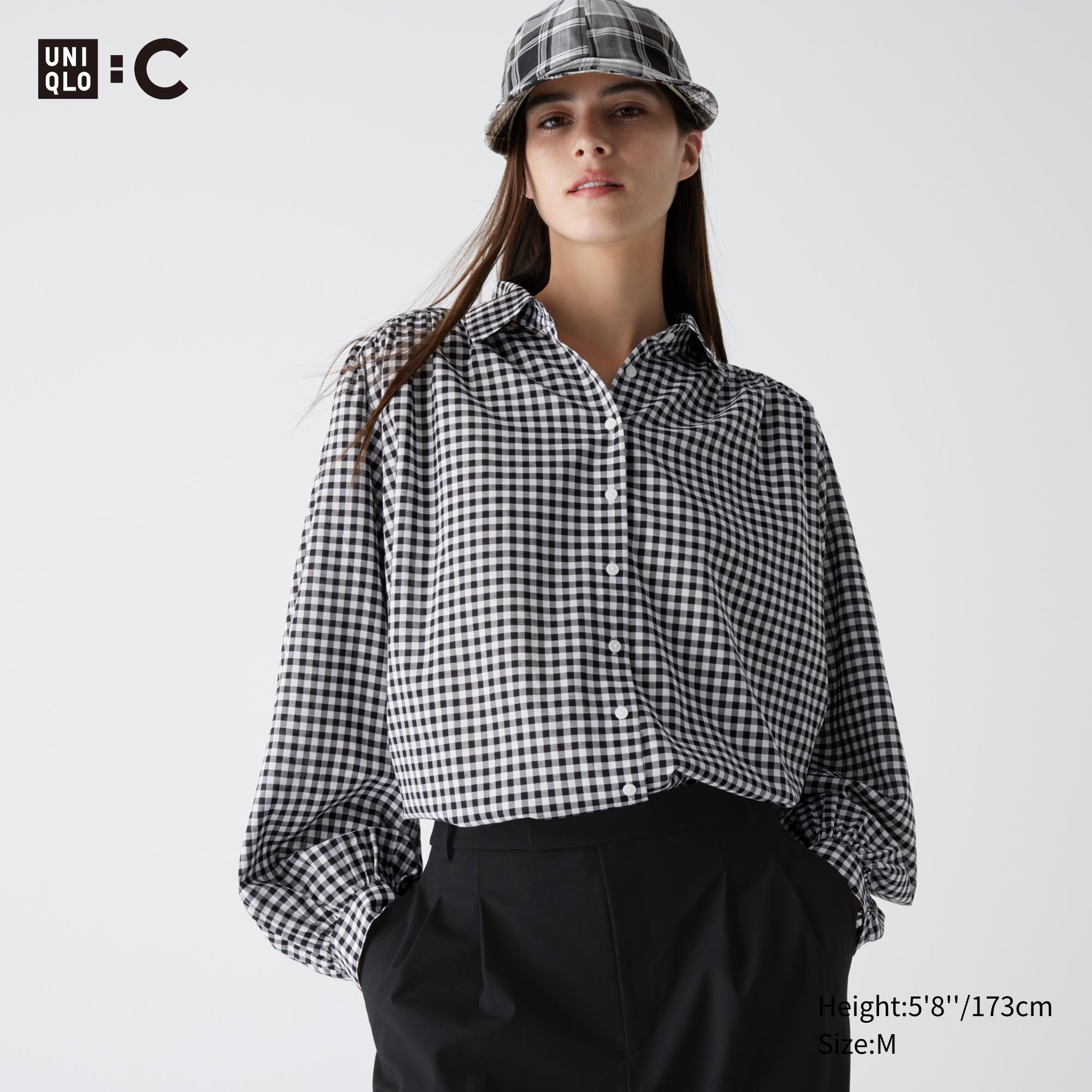 Gathered Checked Volume Long-Sleeve Blouse