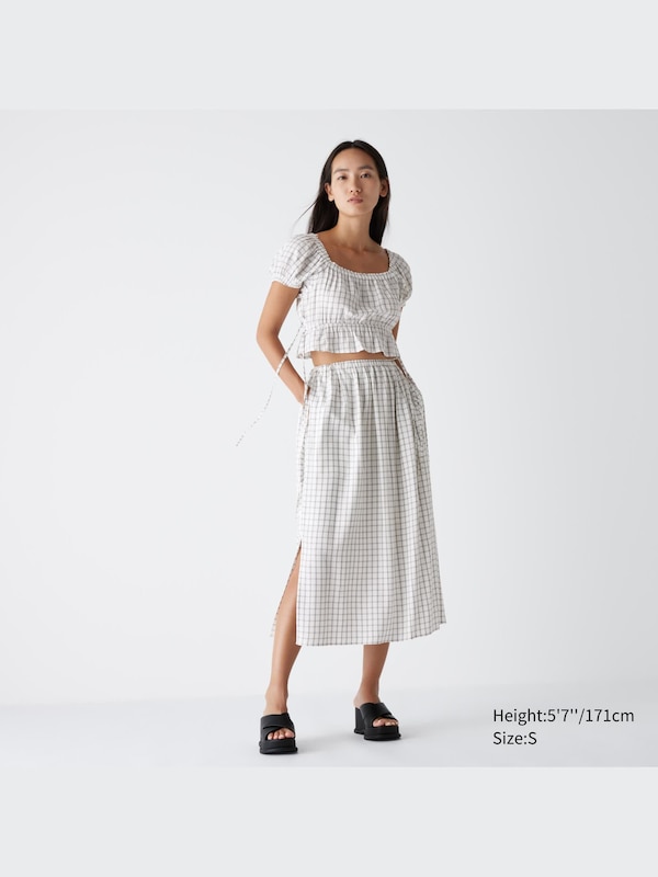 Gather Cropped Checked Short-Sleeve Blouse
