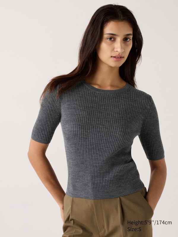 Merino Ribbed Crew Neck Half Sleeve Sweater | UNIQLO US