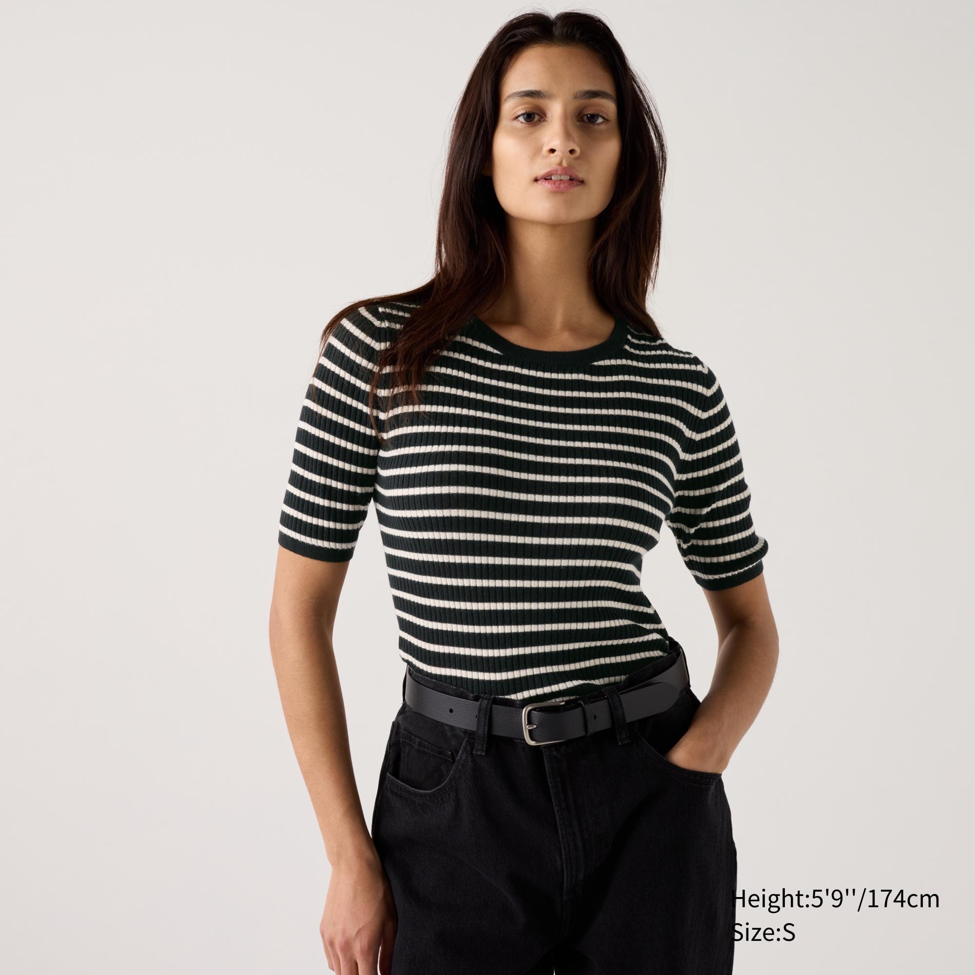 Merino Ribbed Sweater | Half Sleeve Striped