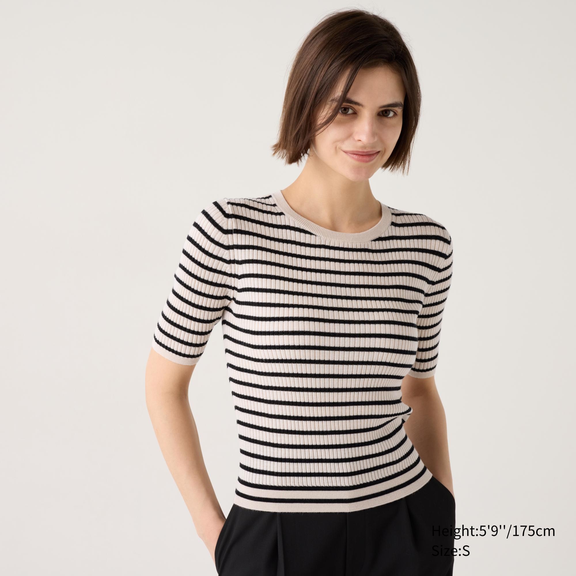 Merino Ribbed Sweater | Half Sleeve Striped