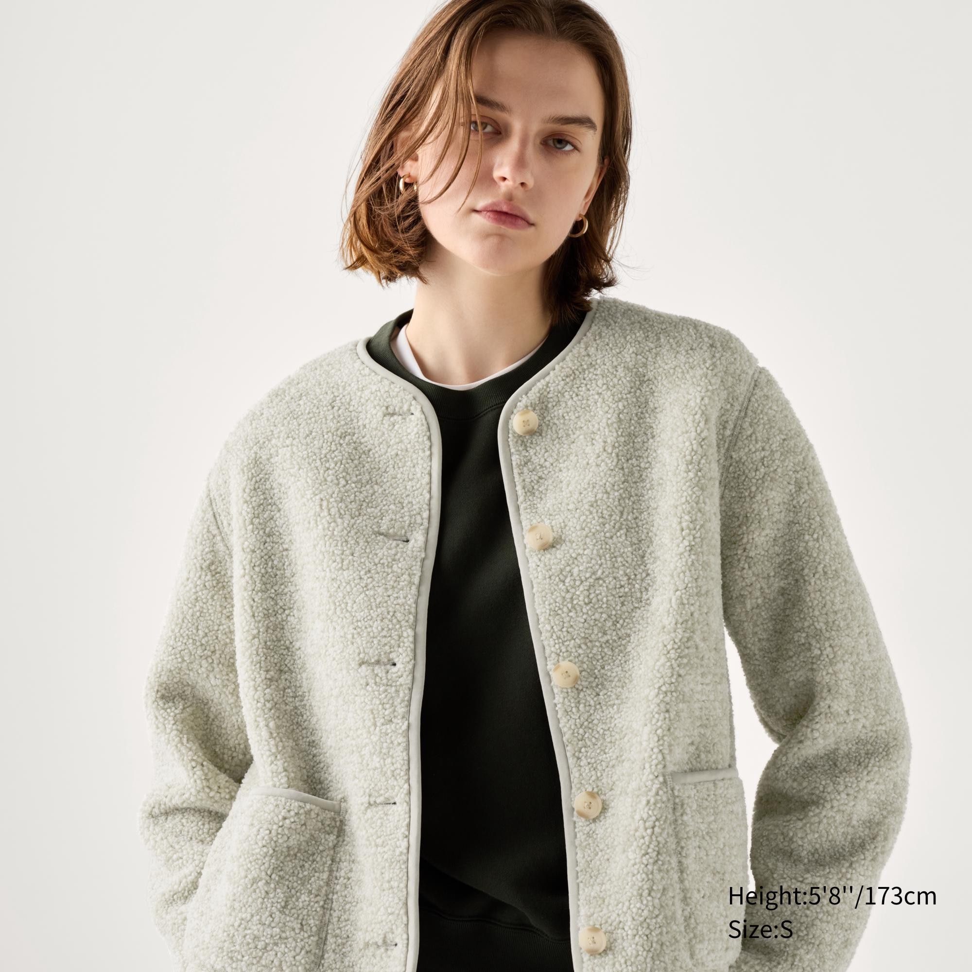 Pile Lined Fleece Crew Neck Cardigan