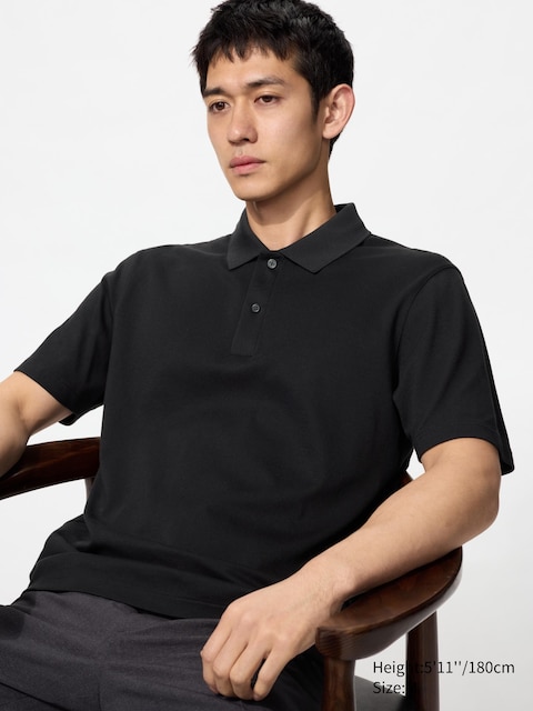 Хлопковая рубашка поло из пике Uniqlo AIRism черного цвета