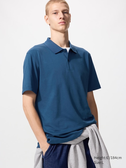 Рубашка поло из хлопка пике Uniqlo AIRism синего цвета