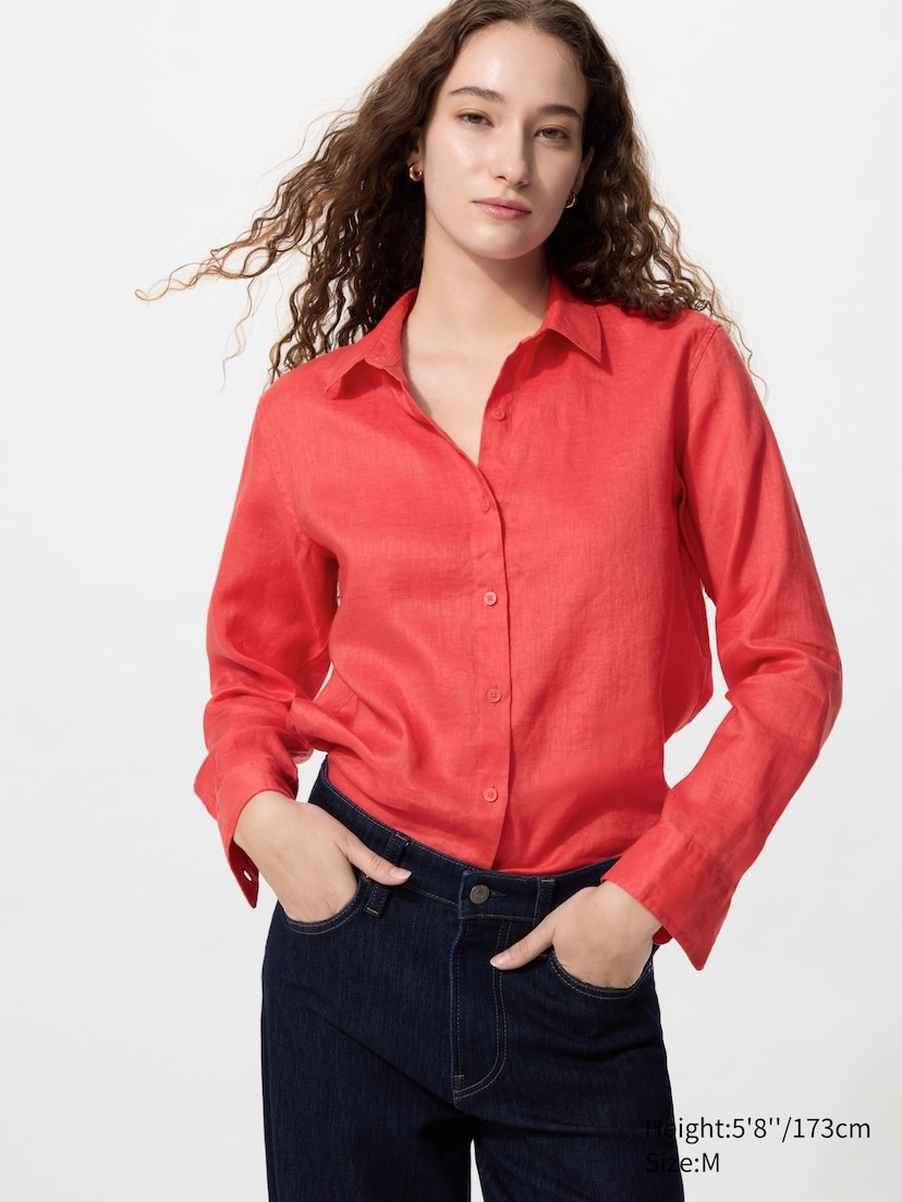 dress shirt women uniqlo WOMEN'S LINEN BLEND OPEN COLLAR SHORT SLEEVE SHIRT