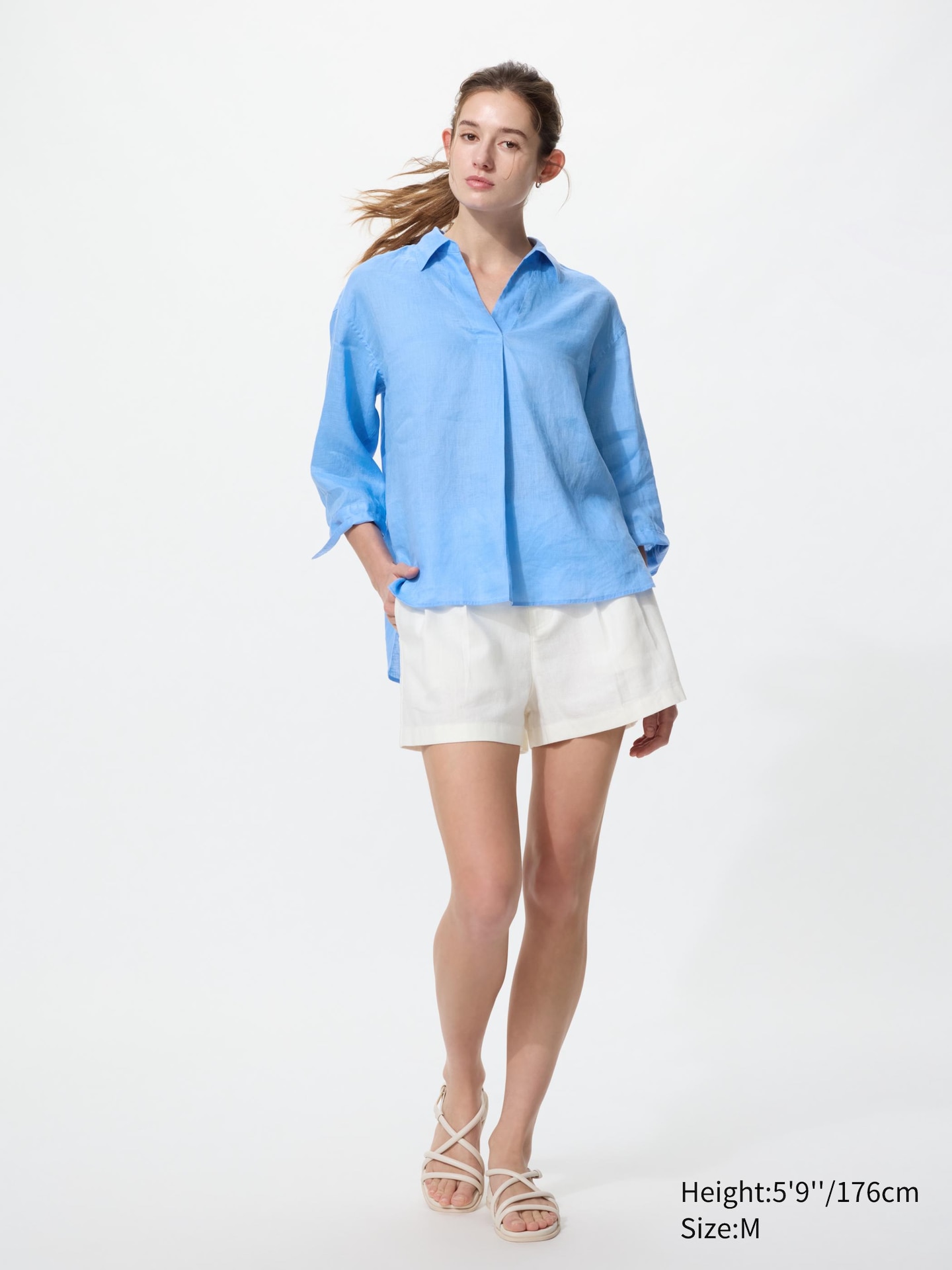 Женская льняная рубашка Uniqlo Premium Linen Skipper, цвет: Синий — фото 2
