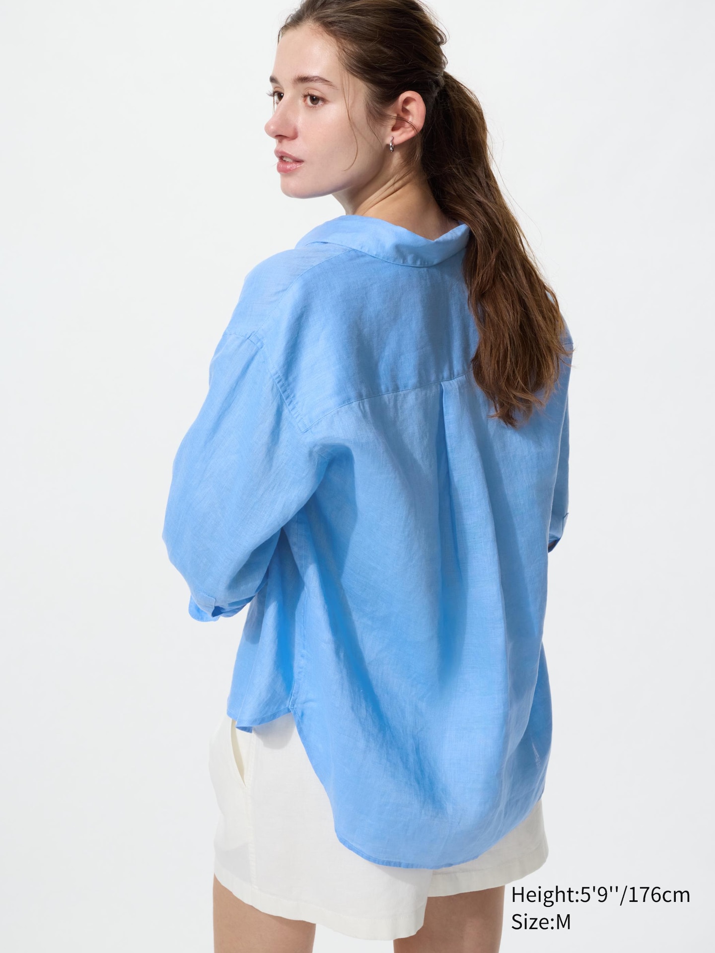 Женская льняная рубашка Uniqlo Premium Linen Skipper, цвет: Синий — фото 3