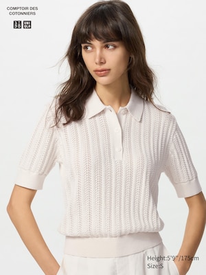 Cotton Pointelle Polo Sweater | Short Sleeve