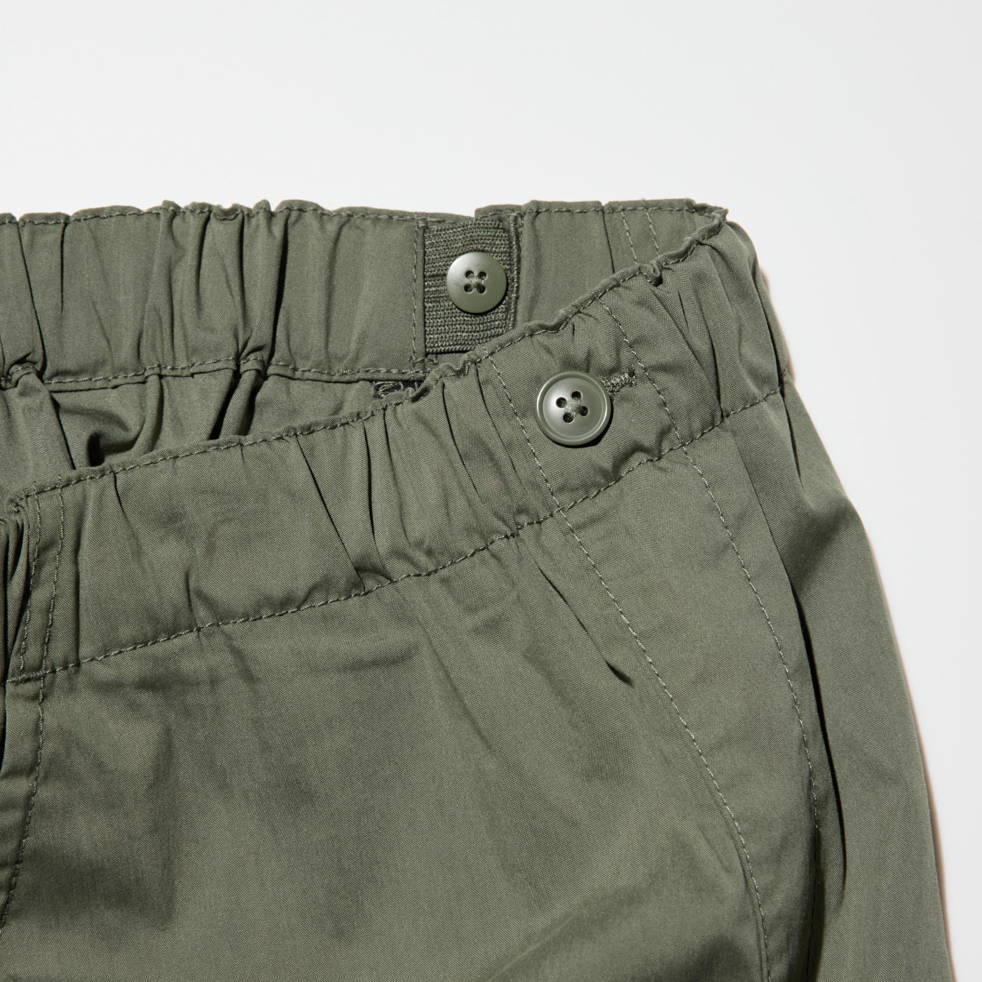 To adjust the fit, pull the elastic waistband through the opening and button at the desired location.