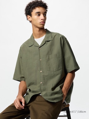 Cotton Linen Open Collar Shirt | Short Sleeve