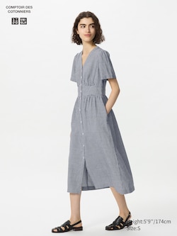 Linen Blend Dress | V Neck | Gingham