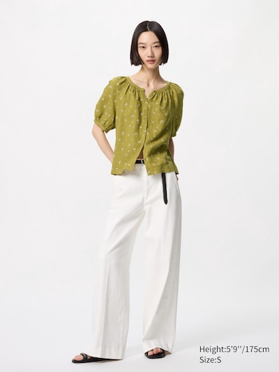 Linen Blend Volume Sleeve Blouse | Printed