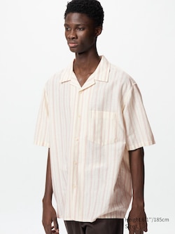 Cotton Linen Open Collar Shirt | Short Sleeve | Striped