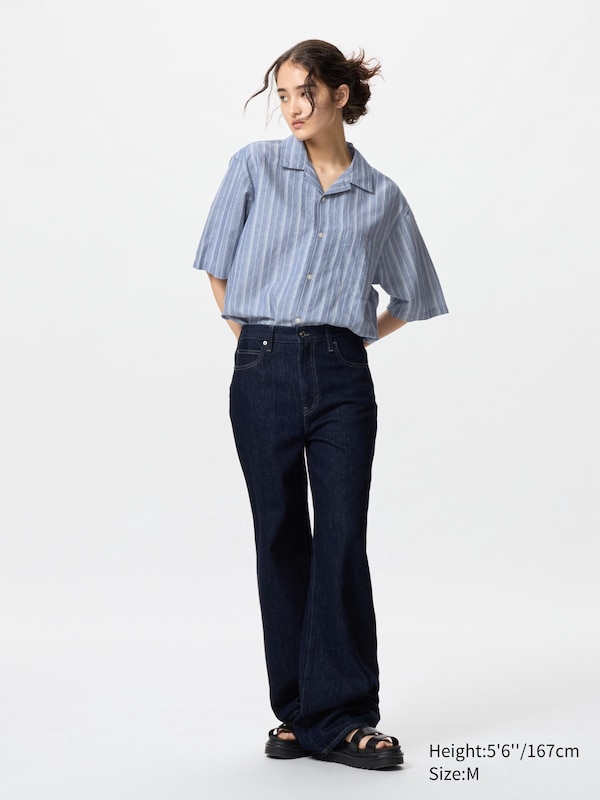 Cotton Linen Open Collar Shirt | Short Sleeve | Striped