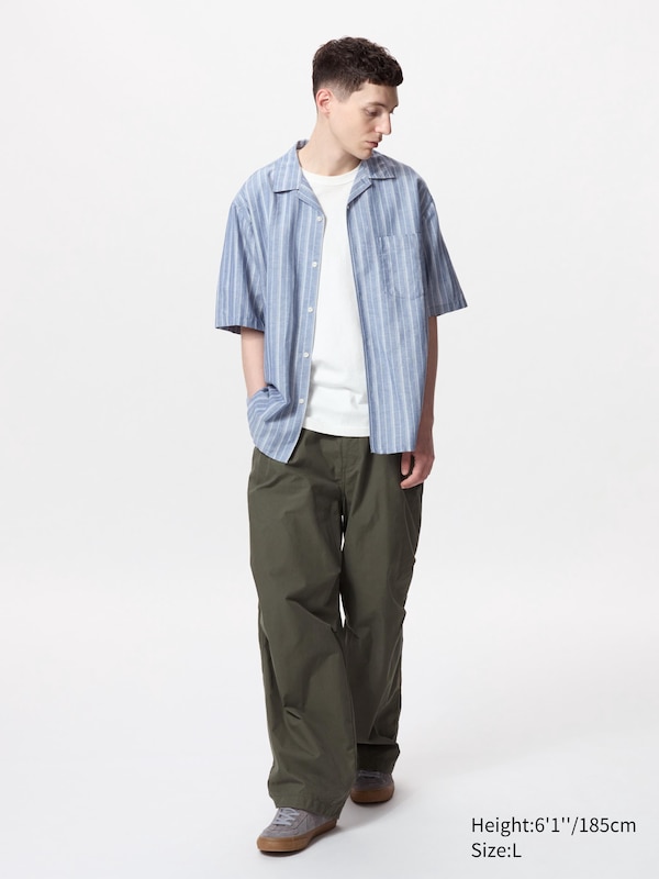 Cotton Linen Open Collar Shirt | Short Sleeve | Striped