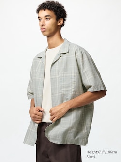 Cotton Linen Open Collar Shirt | Short Sleeve | Checked