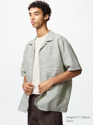 Cotton Linen Open Collar Shirt | Short Sleeve | Checked