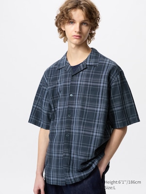 Cotton Linen Open Collar Shirt | Short Sleeve | Checked