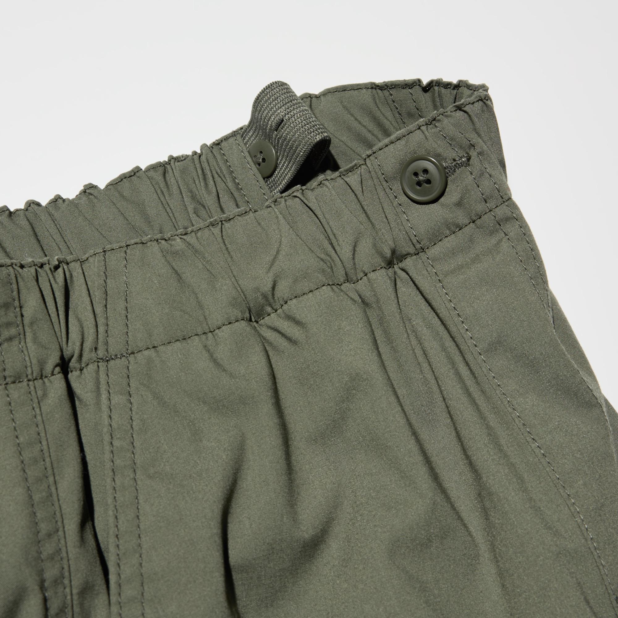 To adjust the fit, pull the elastic waistband through the opening and button at the desired location.