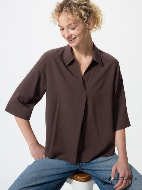 Rayon Skipper Collar Blouse | 3/4 Sleeve