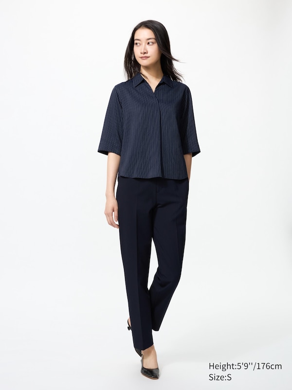 Rayon Skipper Collar Striped Blouse | 3/4 Sleeve