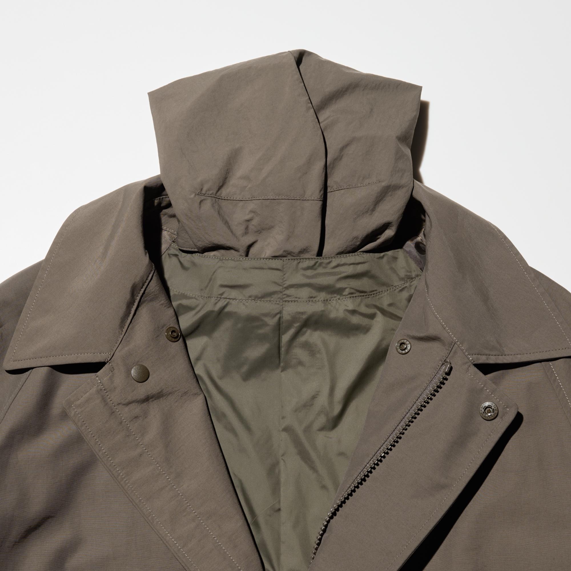 Adjustable hood can be stored at the back.