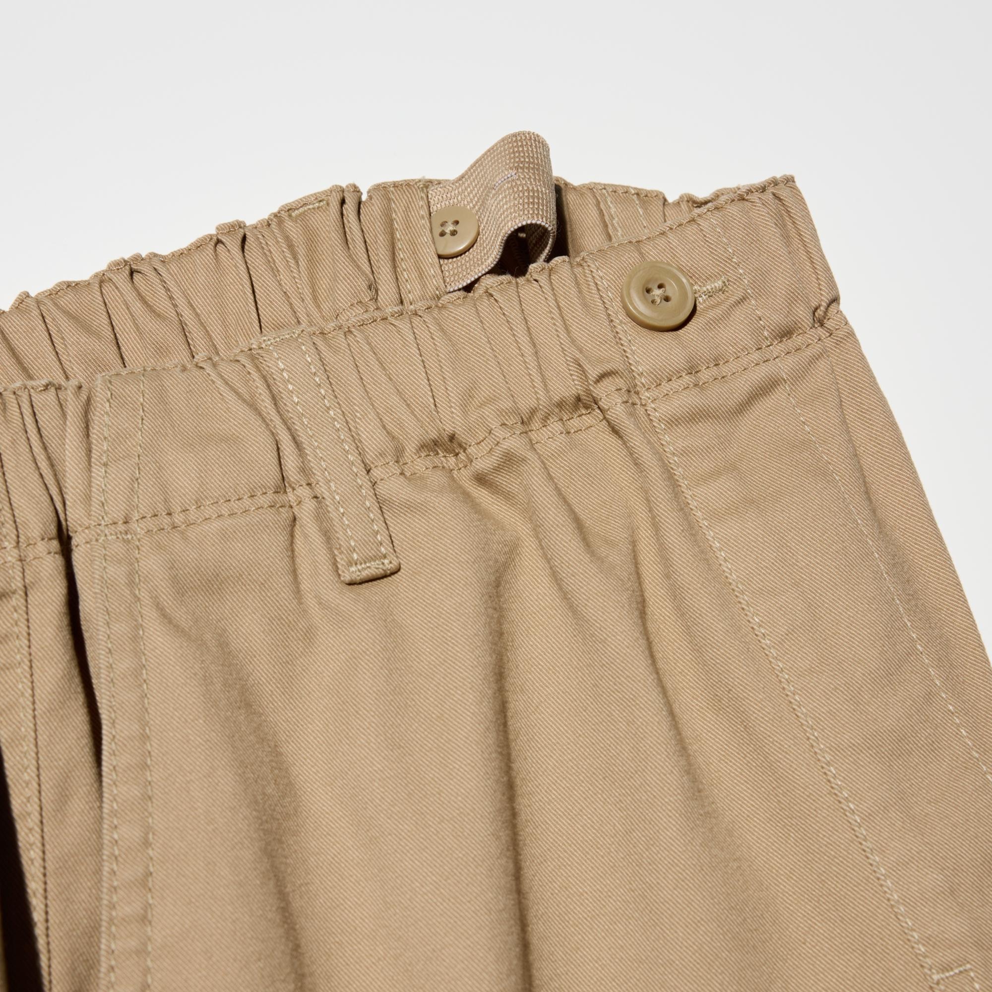 To adjust the fit, pull the elastic waistband through the opening and button at the desired location.