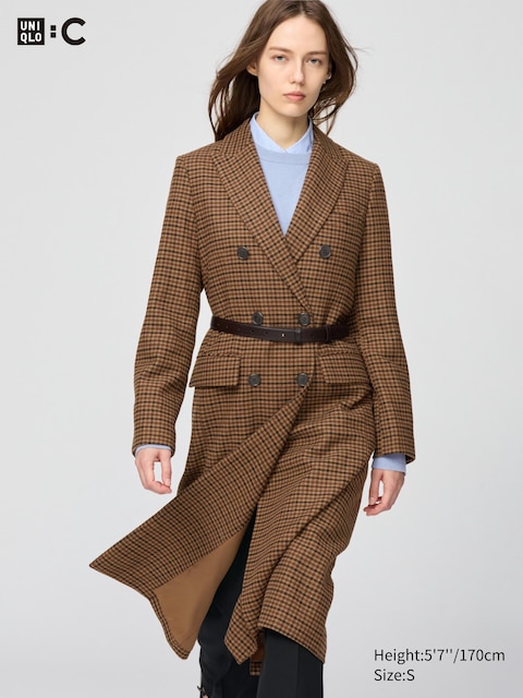Длинное двубортное пальто Uniqlo в клетку BROWN