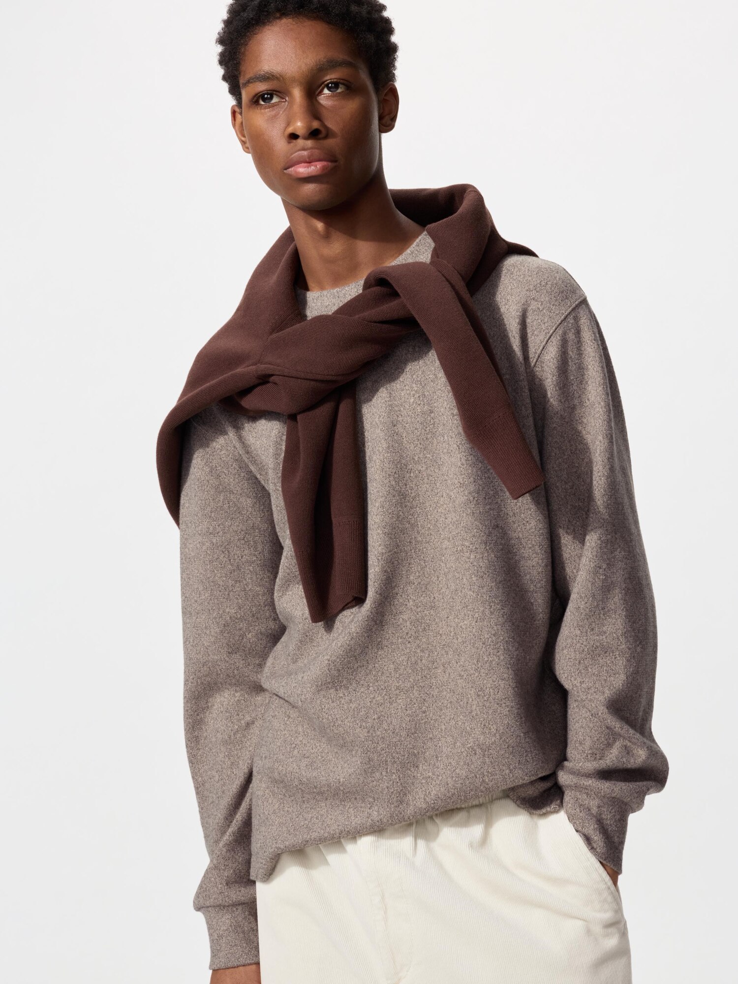 UNIQLO Men's Soft Knitted Fleece T-Shirt, Beige, Large