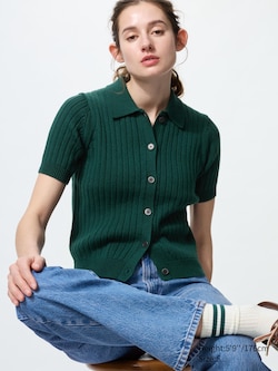 Ribbed Polo Cardigan | Short Sleeve