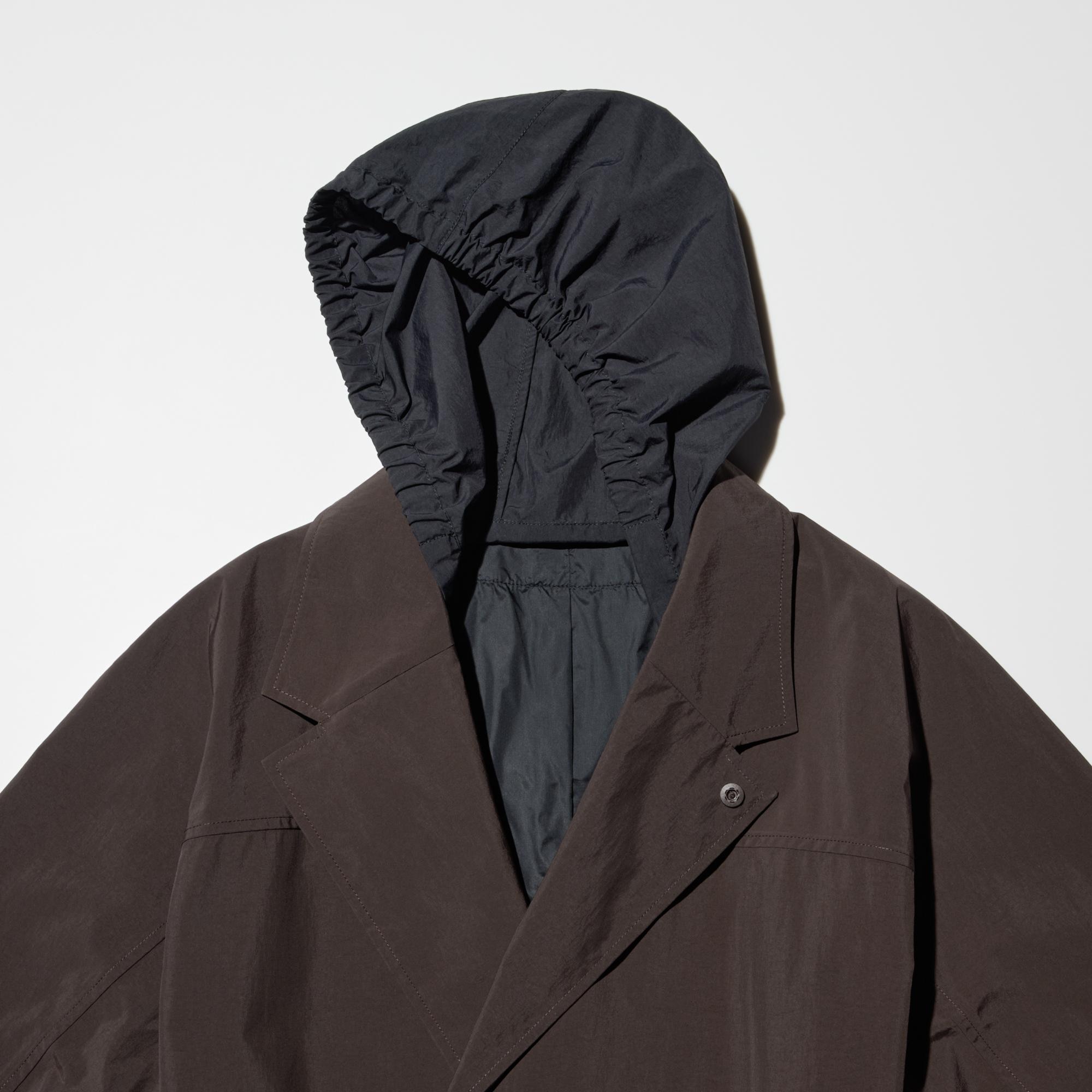Adjustable hood can be stored inside the lining at the back.