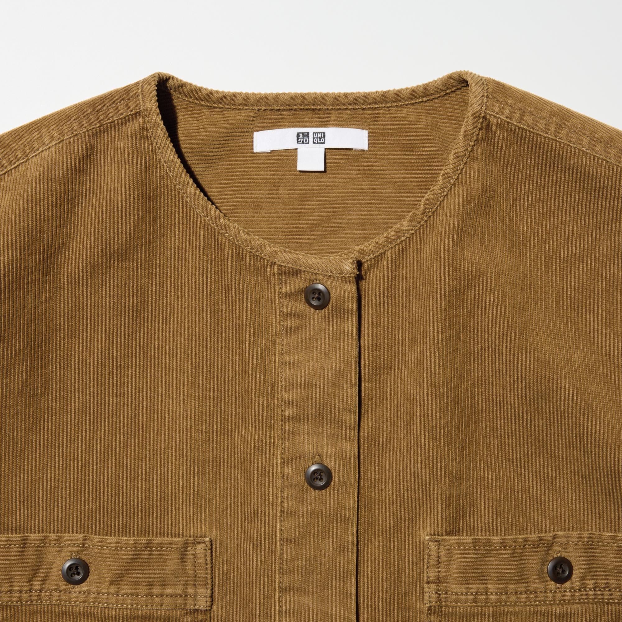 Long shirt jacket in a collarless design for easy layering.