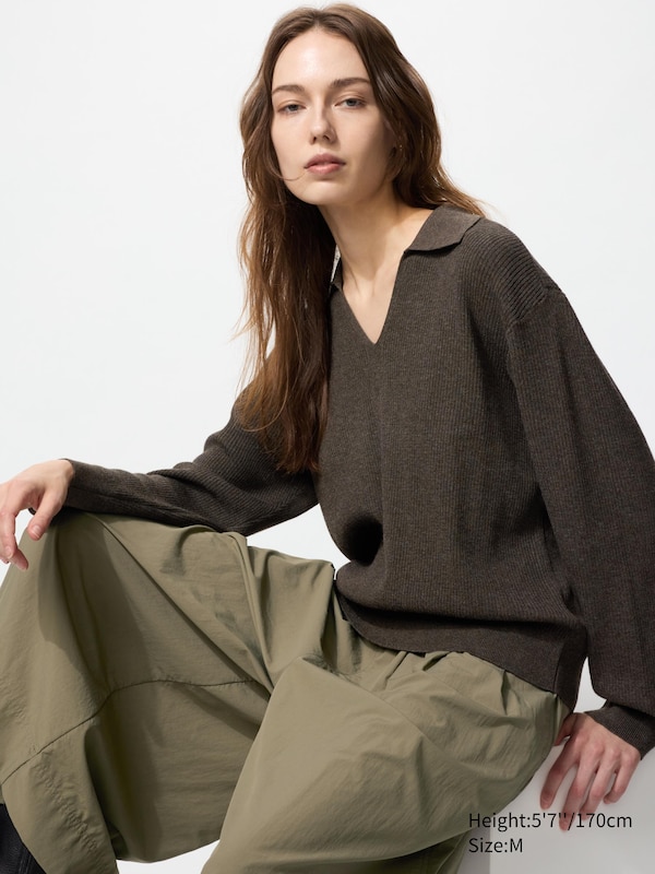 Washable Knit Ribbed Polo Sweater