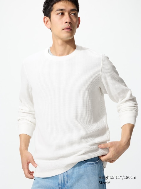 Вафельная футболка Uniqlo с длинным рукавом белого цвета