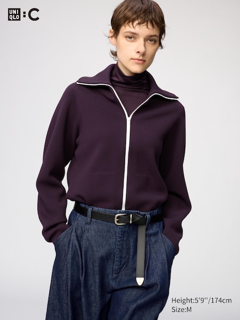 Моющийся кардиган Uniqlo Milano в рубчик на молнии фиолетового цвета