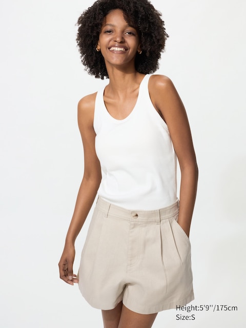Льняные хлопчатобумажные шорты Uniqlo бежевого цвета