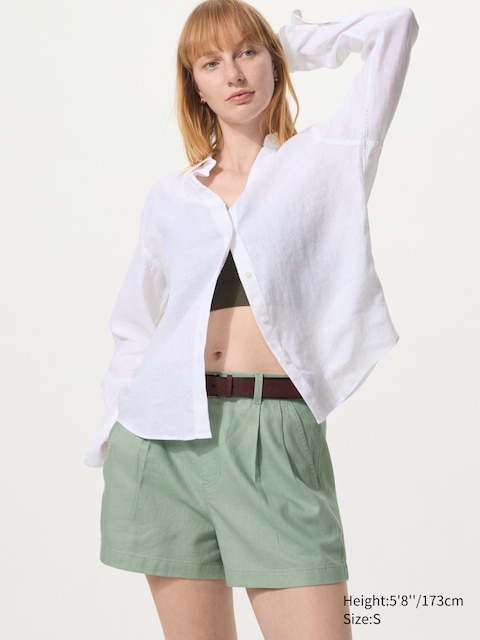 Льняные хлопчатобумажные шорты Uniqlo зеленого цвета