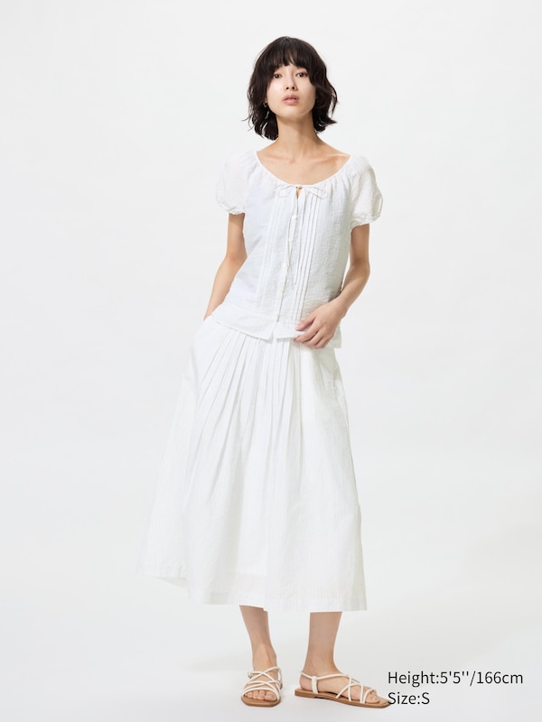 Linen Blend Tuck Long Skirt
