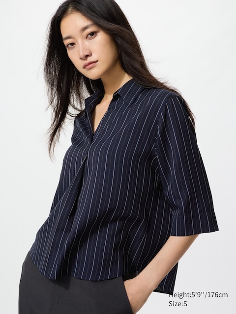 Uniqlo Rayon Skipper Collar 3/4 Sleeve Blouse | Striped