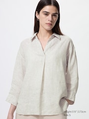 Premium Linen Skipper Collar 3/4 Sleeve Shirt | Striped
