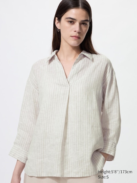 Uniqlo Premium Linen Skipper Collar 3/4 Sleeve Shirt | Striped