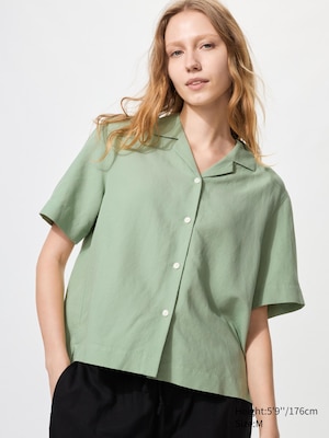 Linen Blend Open Collar Shirt | Short Sleeve