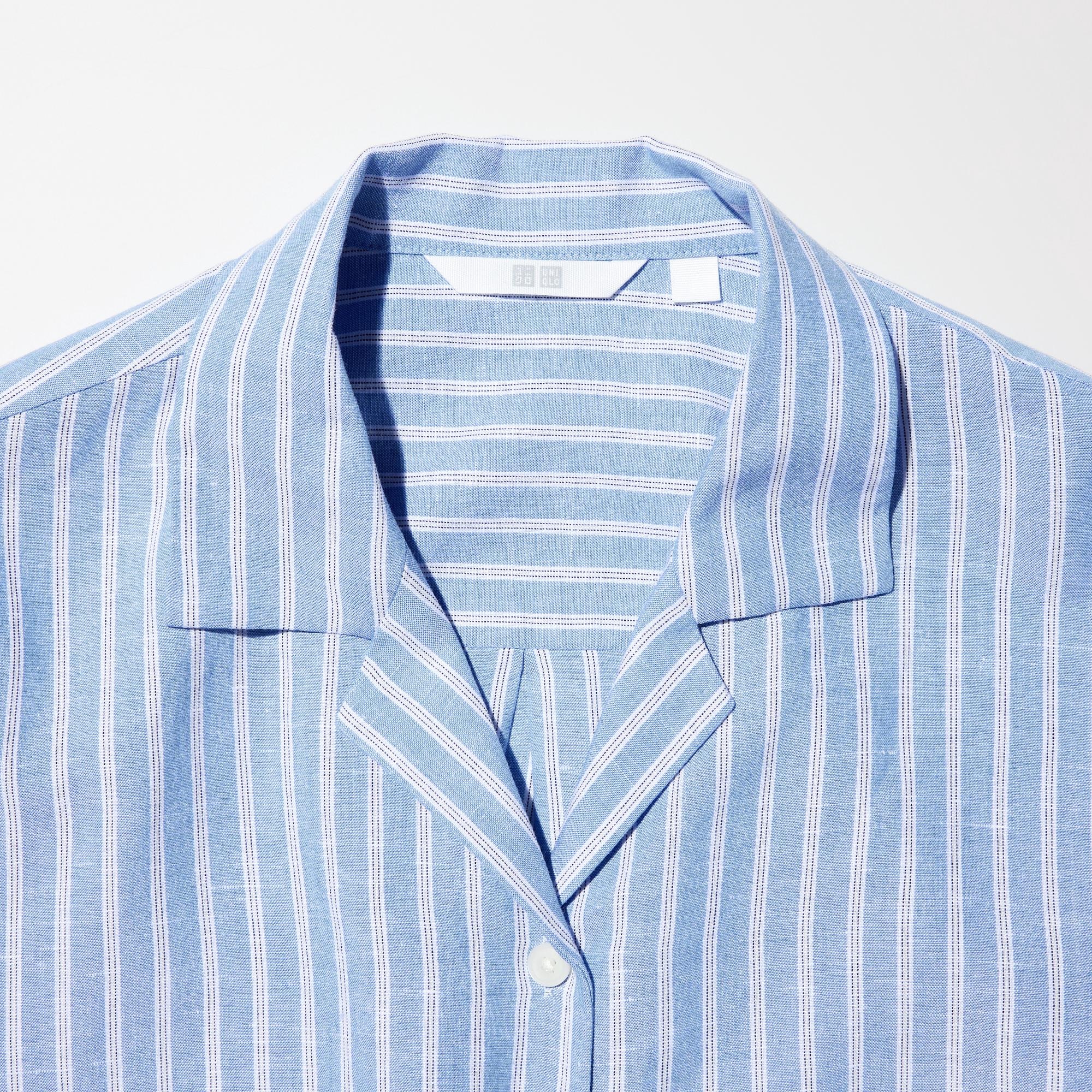 Women's Linen Blend Open Collar Shirt | Short Sleeve | Striped