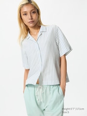 Linen Blend Open Collar Shirt | Short Sleeve | Striped