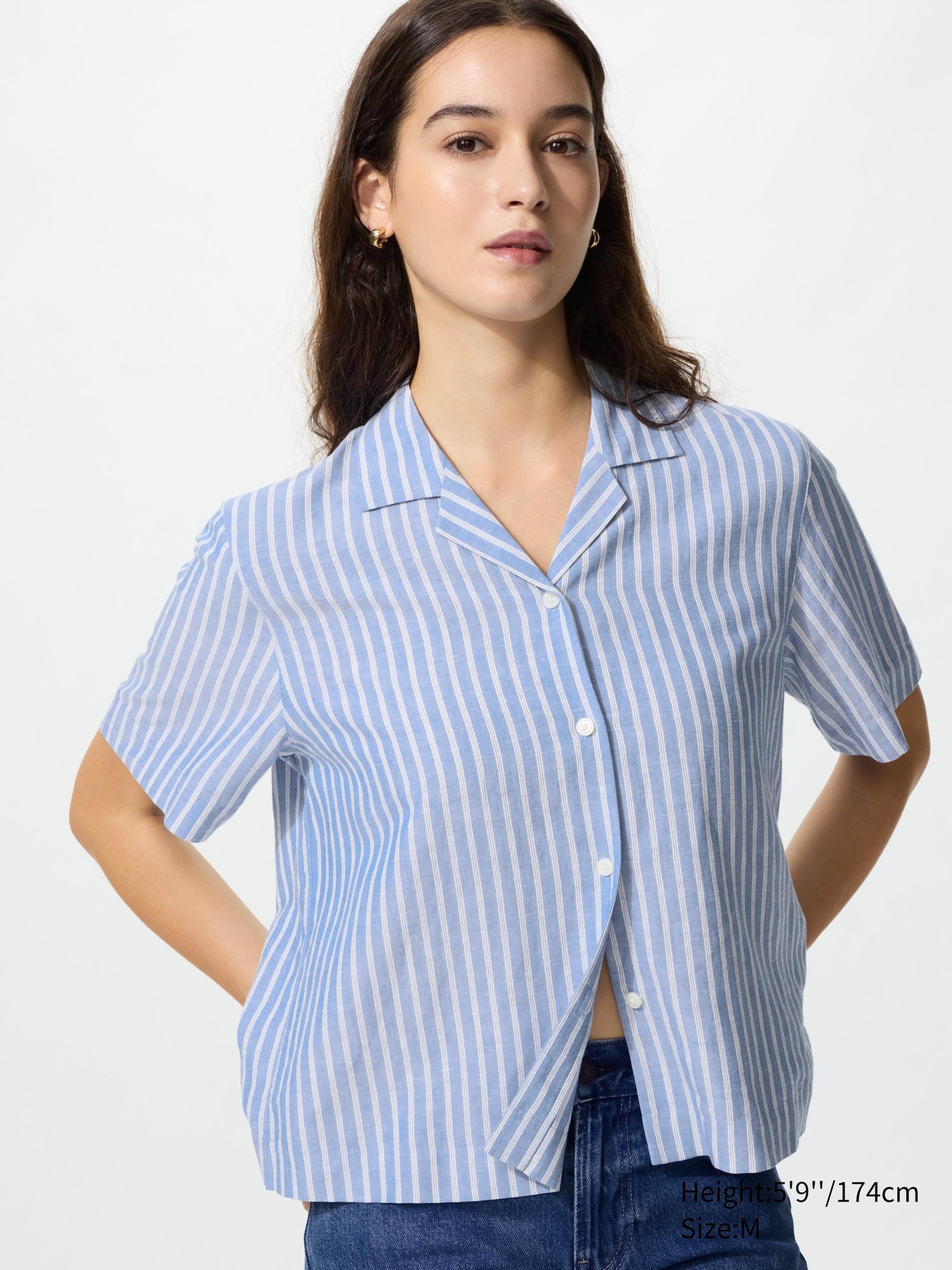 Women's Linen Blend Open Collar Shirt | Short Sleeve | Striped