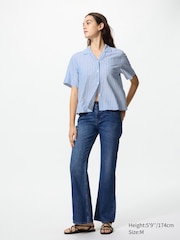 Linen Blend Open Collar Shirt | Short Sleeve | Striped